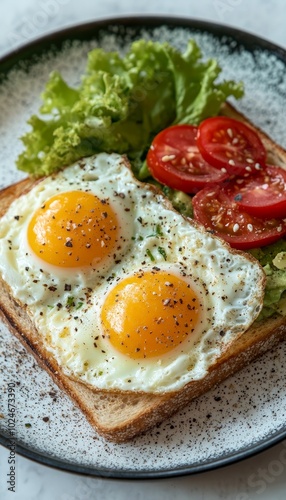 Healthy Breakfast Two Fried Eggs, Fresh Avocado, Sliced Tomatoes, and Greens on Toasted Bread