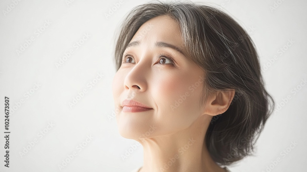 Thoughtful Woman with Gray Hair Looking Upwards Thoughtful Woman with Gray Hair Looking Upwards