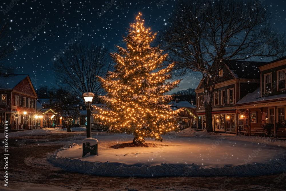A snow-covered Christmas tree glowing with warm lights stands in the center of a small town square at night. The tree lights up the quiet night, with a backdrop of stars twinkling in the cold winter A snow-covered Christmas tree glowing with warm lights stands in the center of a small town square at night. The tree lights up the quiet night, with a backdrop of stars twinkling in the cold winter