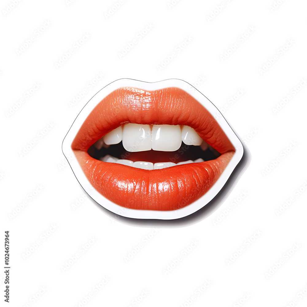 Sticker of realistic red lips and white teeth isolated on a white background. Sticker of realistic red lips and white teeth isolated on a white background.