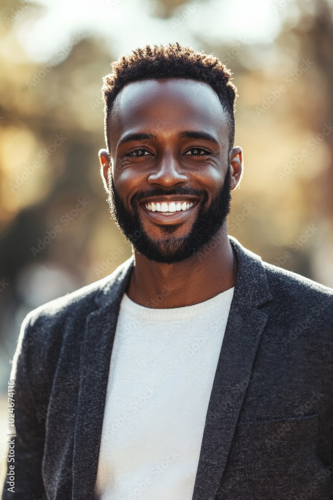 A smiling Black man with a neatly trimmed beard, dressed in a smart casual outfit, stands against a blurred natural background. His confident and warm expression creates an approachable and friendly A smiling Black man with a neatly trimmed beard, dressed in a smart casual outfit, stands against a blurred natural background. His confident and warm expression creates an approachable and friendly
