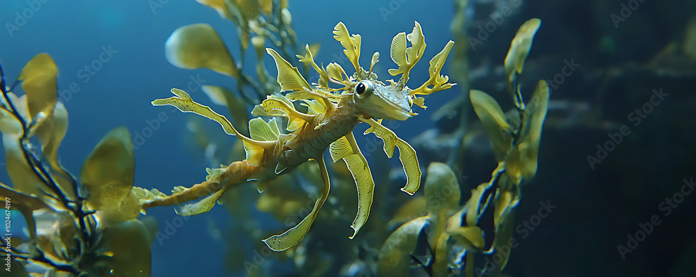 Naklejka premium A beautiful close-up of the Leafy Seadragon (Phycodurus eques), gracefully moving through an underwater habitat