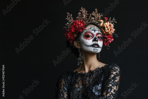 Portrait of an Asian woman with intricate sugar skull makeup, wearing a black lace dress and a floral crown, copy space in the middle, in a black background, Halloween theme, DÃ­a de los Muertos