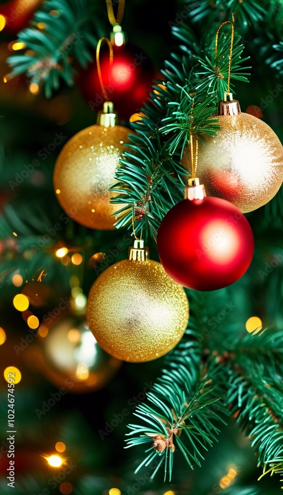 Sparkling ornament balls in vibrant red and gold hang from a lush spruce tree branch. Soft, warm lights twinkle enhancing festive spirit of Christmas. Happy New Year. Anamorphic bokeh. Generative AI Sparkling ornament balls in vibrant red and gold hang from a lush spruce tree branch. Soft, warm lights twinkle enhancing festive spirit of Christmas. Happy New Year. Anamorphic bokeh. Generative AI