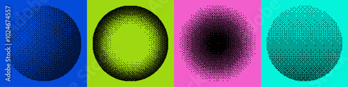 Retro futuristic bitmap backgrounds set. Retro halftone vignette effect design banner in trendy y2k style. Vector pattern