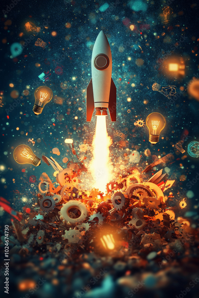 Fototapeta premium A rocket is seen launching from a pile of floating concept icons like lightbulbs, gears, and arrows, with swirling abstract shapes in the background, symbolizing the powerful launch of a start-up