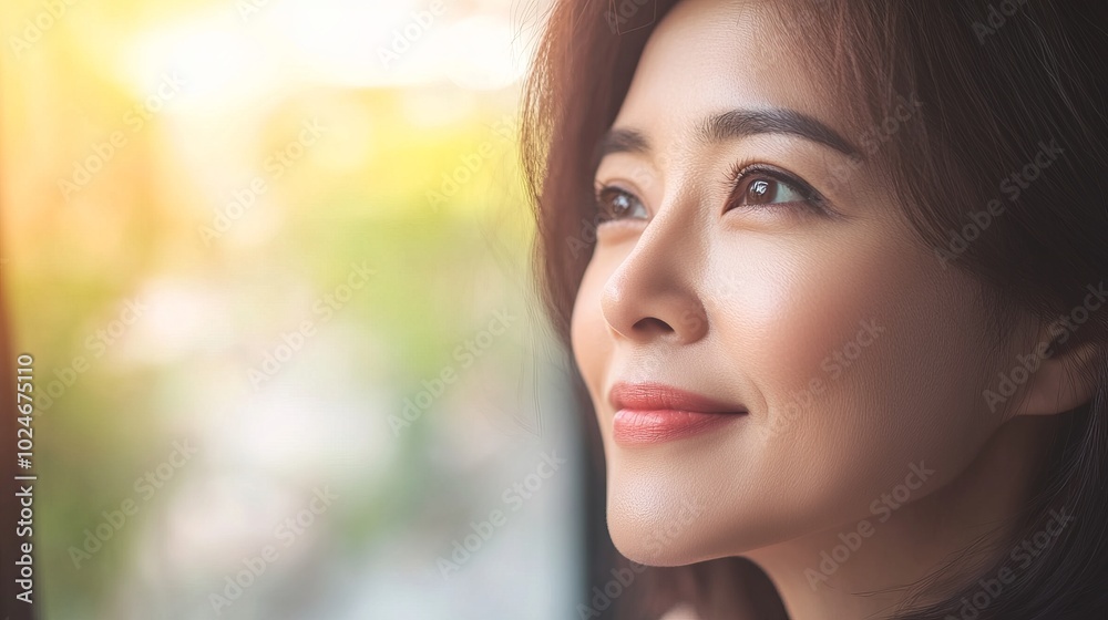 Smiling Woman Looking Up with Hope and Optimism Smiling Woman Looking Up with Hope and Optimism
