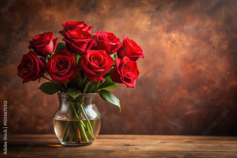 Still life of vase with red roses on table against brown background Still life of vase with red roses on table against brown background