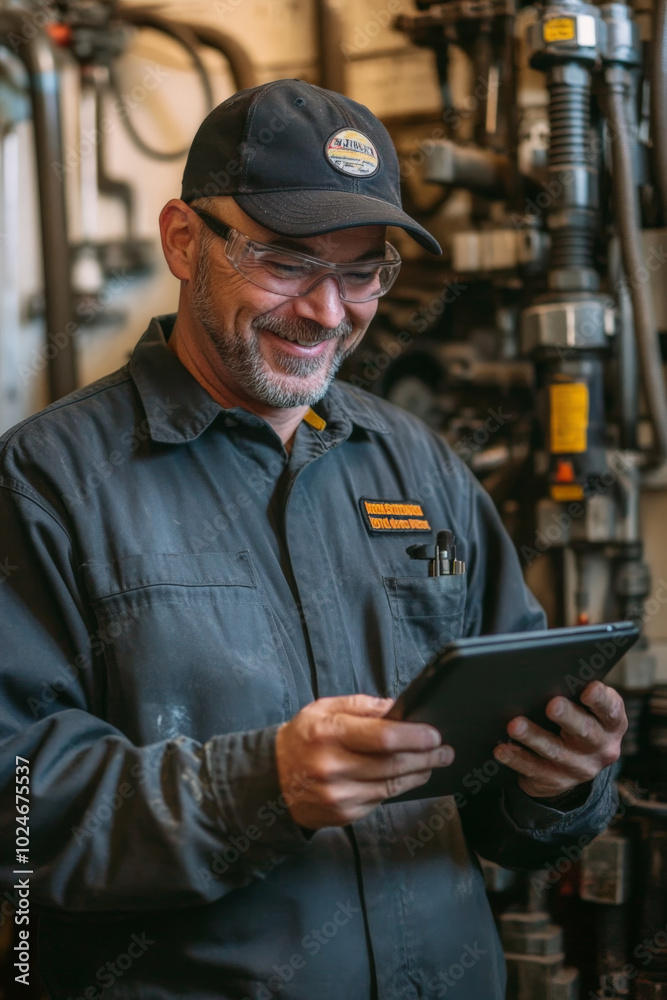A middle-aged Caucasian technician in a uniform smiles while checking his tablet for updates on a project. The backdrop of machinery and tools enhances the sense of professionalism and reliability he A middle-aged Caucasian technician in a uniform smiles while checking his tablet for updates on a project. The backdrop of machinery and tools enhances the sense of professionalism and reliability he
