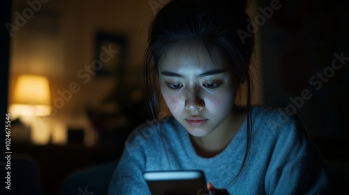 Wallpaper Mural Young woman engaging with her smartphone in a dimly lit room, highlighting moments of solitude during the evening hours Torontodigital.ca