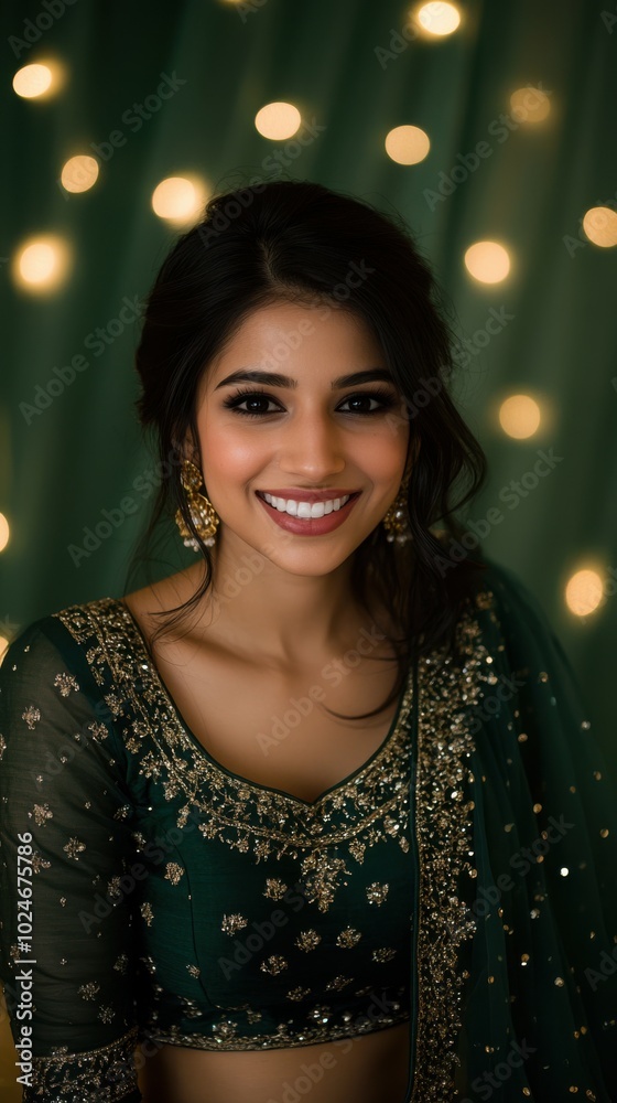 Portrait of Indian woman in deep green lehenga with gold accents, smiling warmly at the camera, with a green to emerald gradient glowing backdrop, Indian traditional Diwali festival, Diwali photoshoot Portrait of Indian woman in deep green lehenga with gold accents, smiling warmly at the camera, with a green to emerald gradient glowing backdrop, Indian traditional Diwali festival, Diwali photoshoot