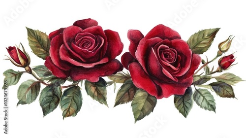 Watercolor painting of two red roses with green leaves and buds isolated on white background.