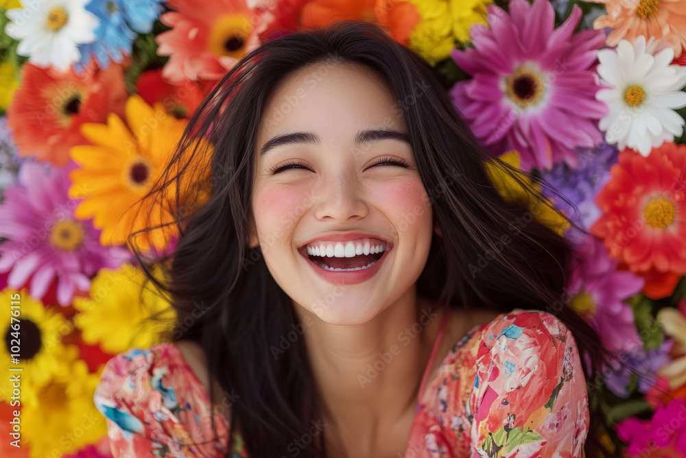 A joyful portrait of an Asian woman with long, flowing hair and a floral dress, laughing while surrounded by colorful flowers. The bright, cheerful setting complements her warm smile, creating an A joyful portrait of an Asian woman with long, flowing hair and a floral dress, laughing while surrounded by colorful flowers. The bright, cheerful setting complements her warm smile, creating an