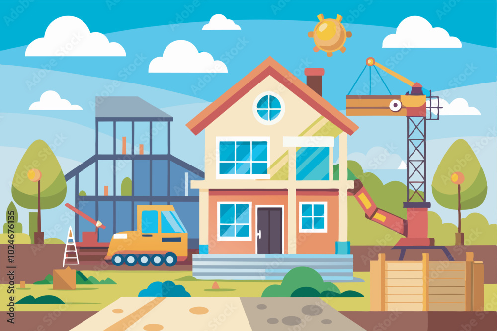 Naklejka premium Vibrant cartoon of a construction site building country houses, with cranes, tractor, and lively atmosphere. Represents progress and community development.