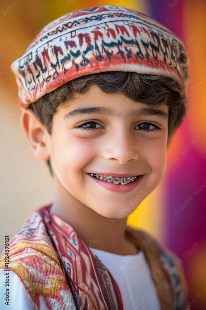 A joyful young Arabian boy with braces smiles brightly, his enthusiasm evident in the close-up shot. The vibrant colors in the background highlight his cheerful personality, symbolizing the journey he