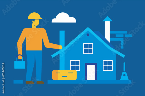 Construction worker in yellow hard hat with a briefcase standing next to a house model on a dark blue background. Worker and model are main focus.