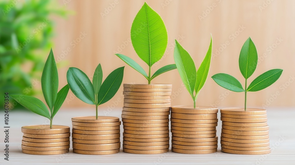 Growth concept with plants emerging from stacked coins on a light background. Growth concept with plants emerging from stacked coins on a light background.