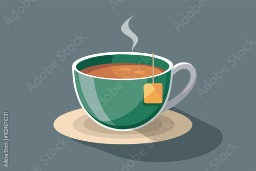 Stylized illustration of green teacup with orange tea, leaf pattern, yellow steam, tea bag on green string, pink pad, shadow, grey background - serene and tranquil ambiance.