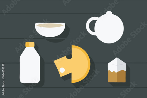 Variety of milk products on dark gray background: yogurt, milk, cheese, pitcher, carton. Simple, calm layout on wooden shelf with frame.