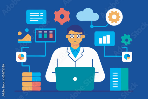 Male software developer in lab coat at desk with tech icons. Books, data analysis symbols, blue-purple backdrop.