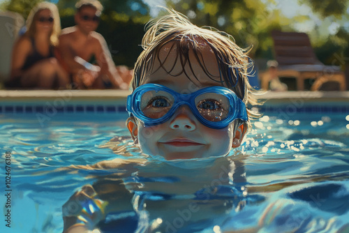 A joyful little Caucasian girl with bright blue goggles swims playfully in a sparkling pool, her face beaming with happiness as she glances at her parents watching from the poolside. Sunlight glimmers photo