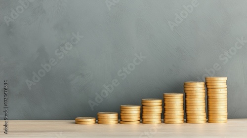 Stack of gold coins on wooden surface against grey background.