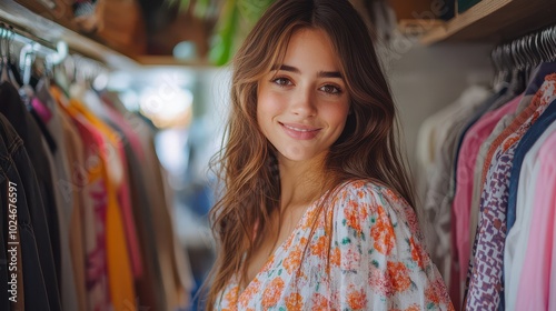 Woman Trying on Different Outfits in a Dressing Room Setting for Fashion Exploration photo