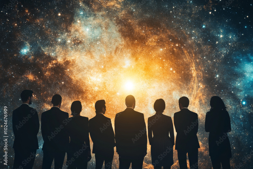 A group of successful professionals, each in elegant attire, stand together against a stunning cosmic backdrop. The ethereal glow of the universe surrounds them, representing their collective