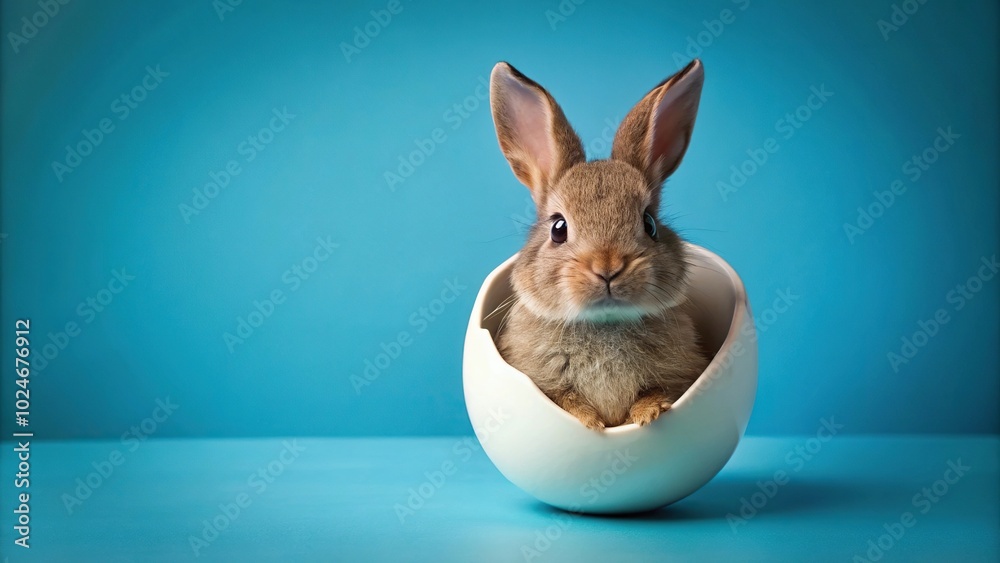 Stock photo of a bunny in a newly hatched egg with blue background