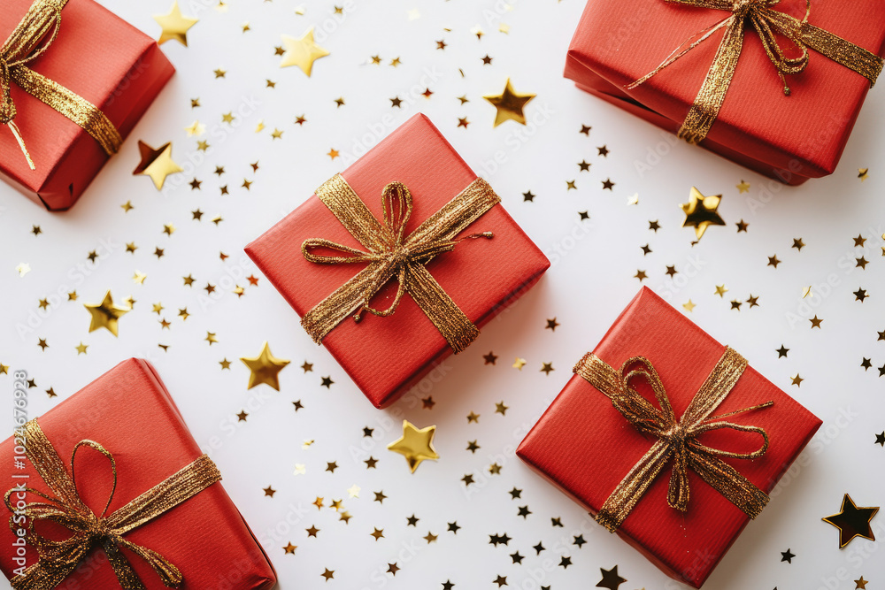A group of red gift boxes tied with shiny gold ribbons sits neatly arranged on a white background. Scattered golden stars surround the boxes, creating a festive and celebratory atmosphere with clean, A group of red gift boxes tied with shiny gold ribbons sits neatly arranged on a white background. Scattered golden stars surround the boxes, creating a festive and celebratory atmosphere with clean,