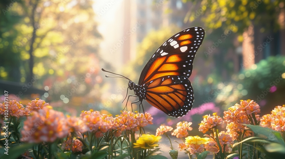 Vibrant butterfly dancing in a lively garden, surrounded by blooming flowers, alongside a bustling city sidewalk. Vibrant butterfly dancing in a lively garden, surrounded by blooming flowers, alongside a bustling city sidewalk.