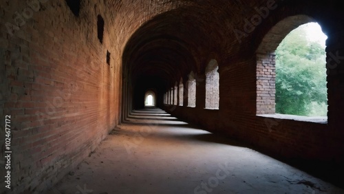 Brick Underground Tunnel with Arched Ceiling and Lanterns: A historic underground tunnel with brick walls and an arched ceiling, illuminated by hanging lanterns and natural light from arched windows, 