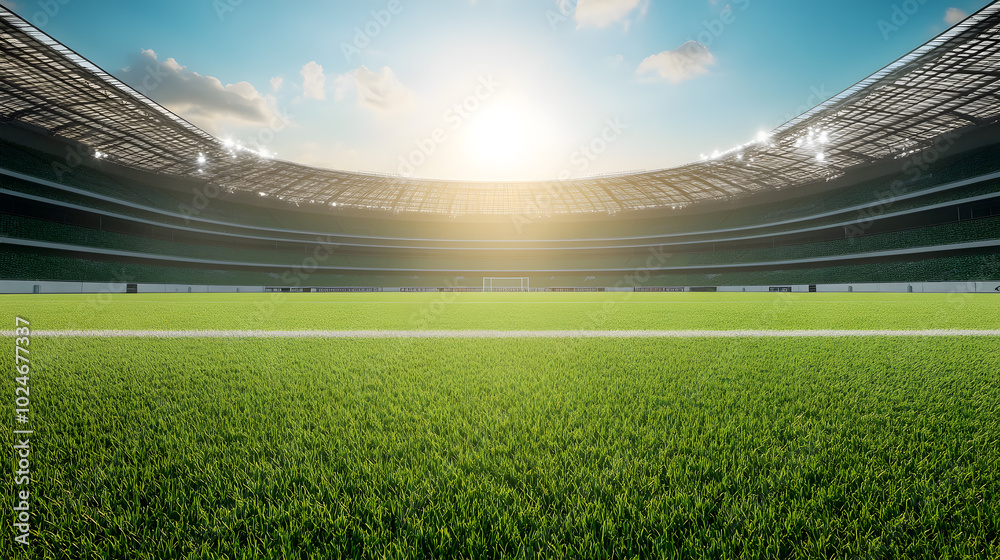 Fototapeta premium Wide-angle view of an empty football stadium with sunlight and green field