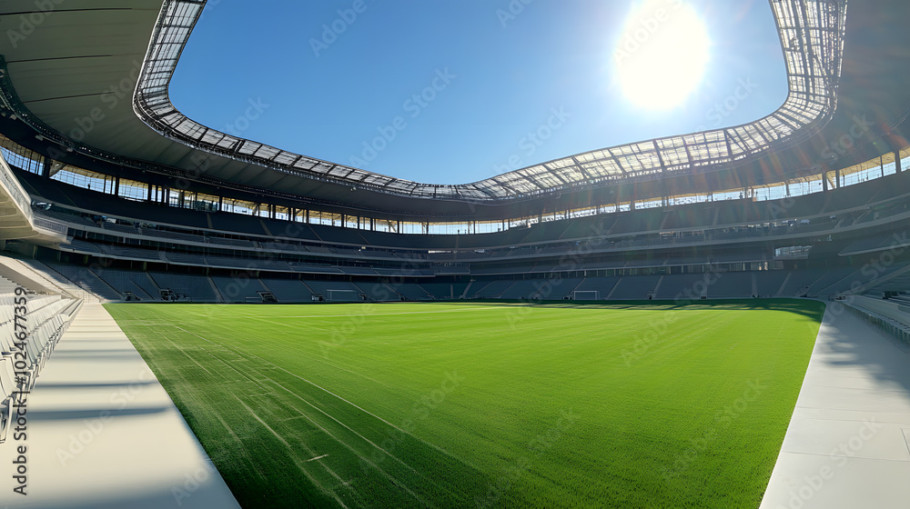 Fototapeta premium Wide-angle view of an empty football stadium with sunlight and green field