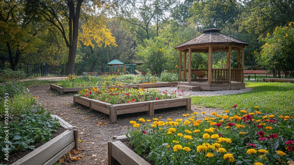 Community Garden Harmony, vibrant interactions among children, families, and local wildlife, fostering connection with nature and community spirit Community Garden Harmony, vibrant interactions among children, families, and local wildlife, fostering connection with nature and community spirit