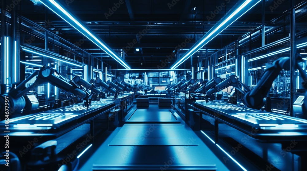 Futuristic Factory with Robotic Arms: Automation and Efficiency in Modern Manufacturing Futuristic Factory with Robotic Arms: Automation and Efficiency in Modern Manufacturing