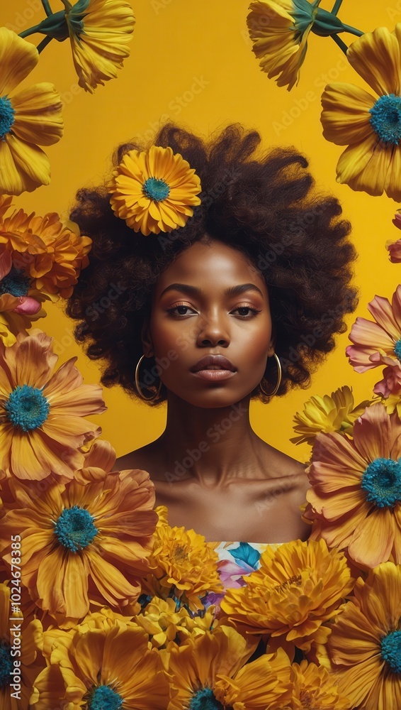 Woman with Afro hairstyle and makeup, floral clusters, studio portrait, bright colors Woman with Afro hairstyle and makeup, floral clusters, studio portrait, bright colors