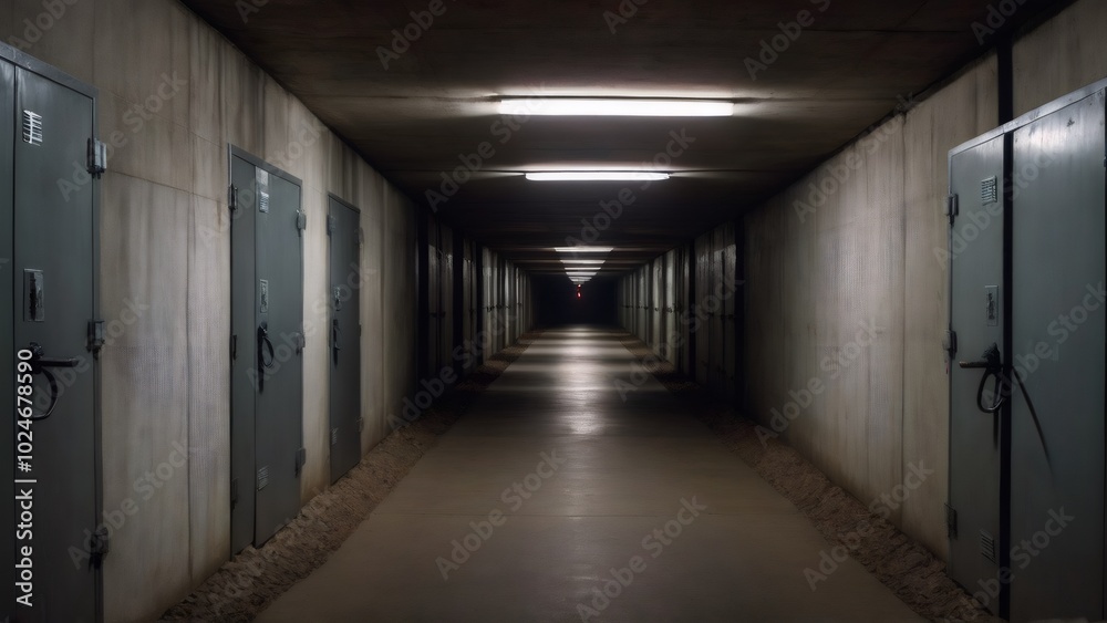 Concrete Underground Tunnel with Metal Doors and Fluorescent Lights: A stark, industrial underground tunnel with bare concrete walls, metal doors, and dim fluorescent lighting creating an eerie, cold Concrete Underground Tunnel with Metal Doors and Fluorescent Lights: A stark, industrial underground tunnel with bare concrete walls, metal doors, and dim fluorescent lighting creating an eerie, cold