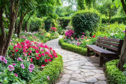 A delightful garden retreat unfolds with blooming flowers in a riot of colors, framed by perfectly manicured hedges. A charming stone pathway curves through the greenery, leading to a rustic wooden