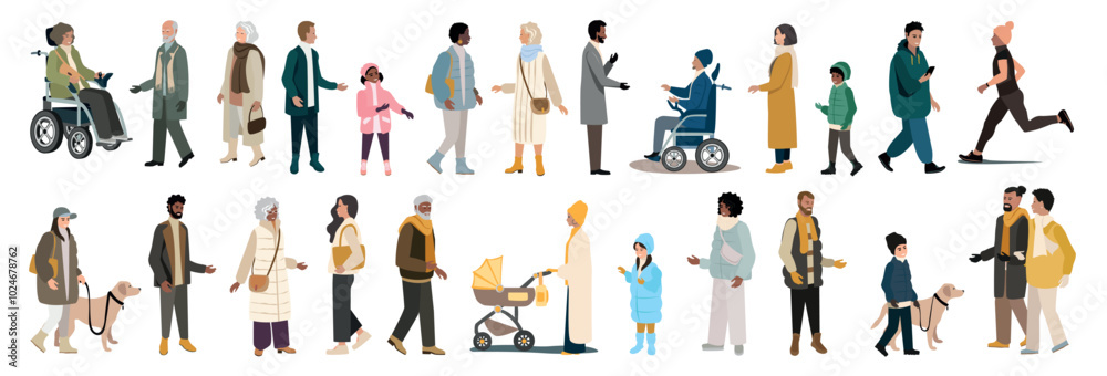 © liana2012 - People of different ages and nationalities on a walk in winter . Families with children, old and young couples, mothers with children, athletes, friends together. Big vector set of active people. © liana2012 - People of different ages and nationalities on a walk in winter . Families with children, old and young couples, mothers with children, athletes, friends together. Big vector set of active people.