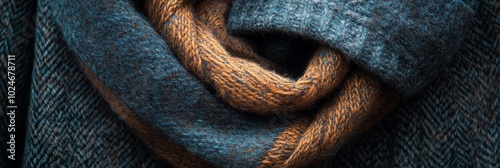 Cozy woolen scarf resting on a winter coat, showcasing rich texture and warmth in a seasonal setting photo