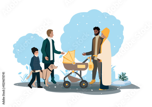 People of different ages and nationalities walk in the autumn park. Families with children, elderly and young couples, friends spend time together. Vector horizontal illustration.