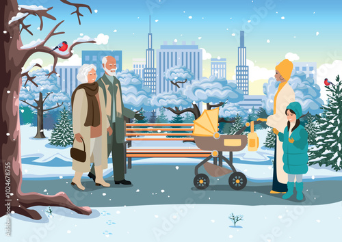 People of different ages and nationalities walk in the autumn park. Families with children, elderly and young couples, friends spend time together. Vector horizontal illustration.