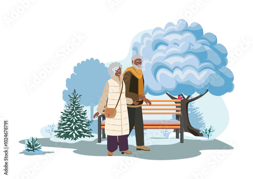 Happy elderly couple walking in winter park. Active lifestyle. Beauty of winter nature. Vector illustration on abstract background.