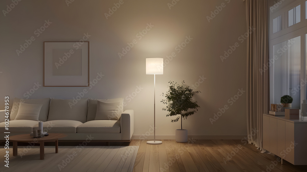 Fototapeta premium Minimalist Living Room at Night with Wooden Floors – Modern Interior Design and Cozy Ambiance