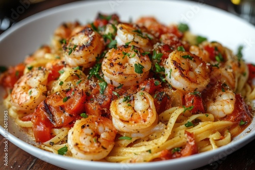 Shrimp scampi pasta with tomatoes. Perfect for a blog post or recipe book showcasing a delicious Italian dish.