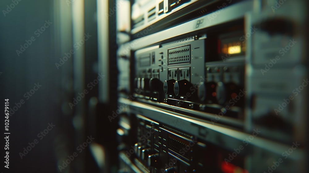 An artistic close up of a server rack focusing on the textures and details of technology equipment with gentle light enhancing the appearance of labels and network ports for a modern look An artistic close up of a server rack focusing on the textures and details of technology equipment with gentle light enhancing the appearance of labels and network ports for a modern look