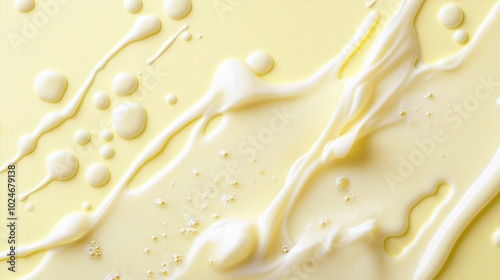 Milk spill with small droplets scattered across a pastel yellow backdrop, clean and abstract design.