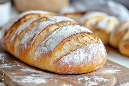 Freshly baked rustic sourdough loaf with a golden crust, sprinkled with flour, sitting on a wooden cutting board.