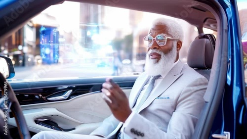 Shocked senior man interacting for the first time with a futuristic holographic display in an autonomous car, highlighting luxury and advanced technology